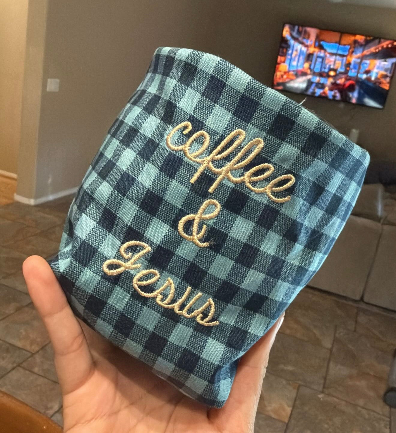 Embroidered Coffee & Jesus Weck Jar Cozy- Koozie | Handmade Fabric Sleeve